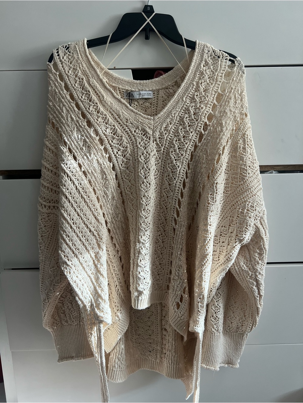 Zara Cream Open-Weave V-Neck Sweater